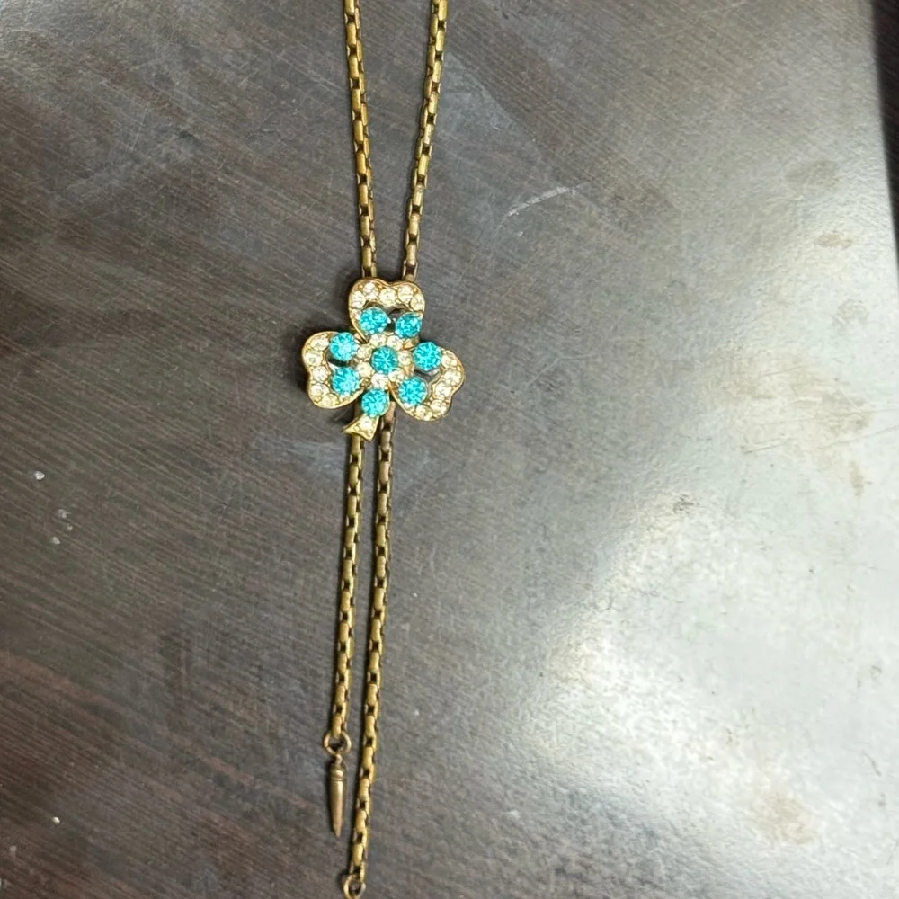 Vintage Clover Rhinestones‎ Bolo Style Slider Necklace Blue Turquoise Floral